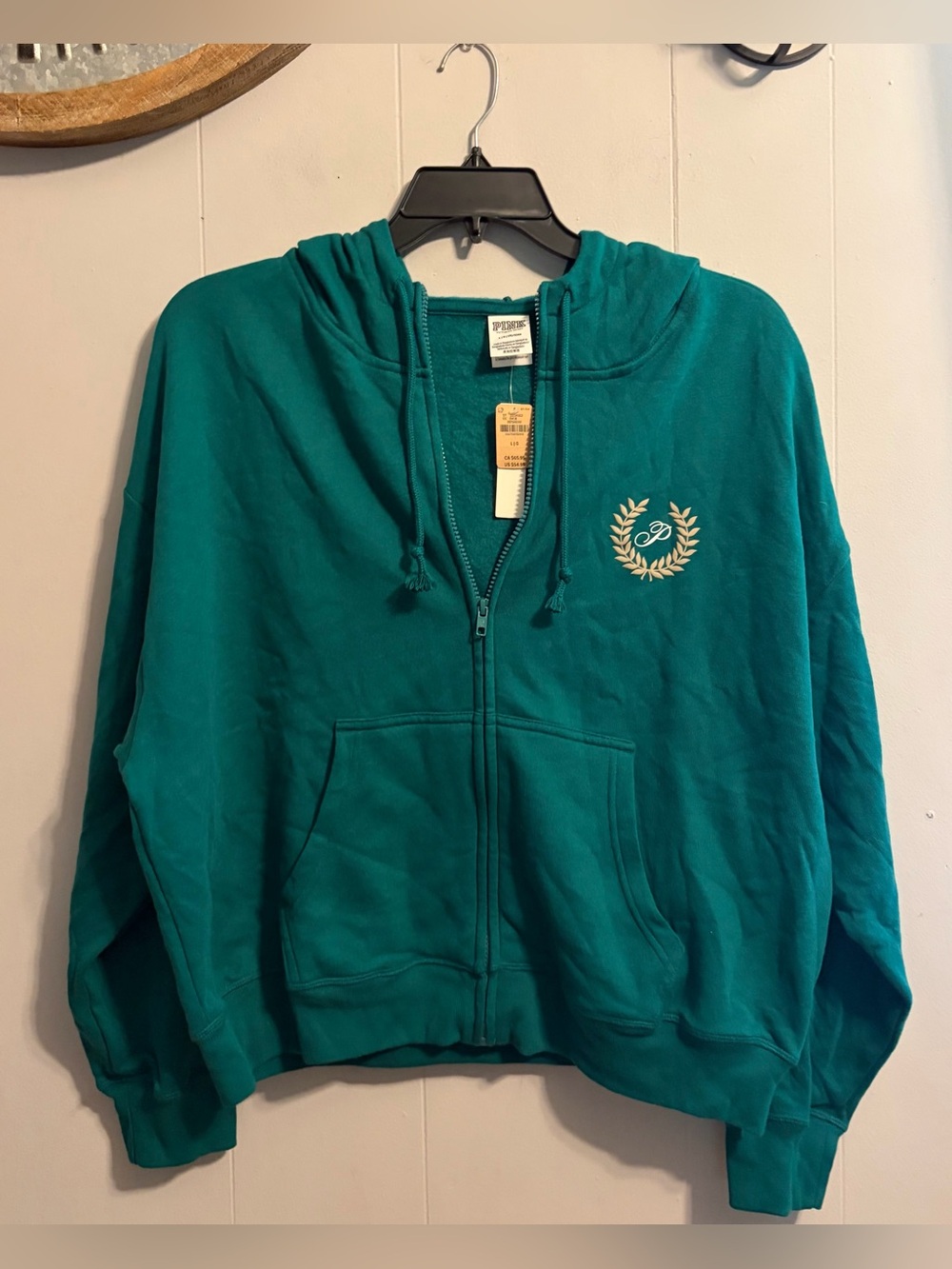 PINK Victoria's Secret Teal Full-Zip Hoodie with Laurel Crest